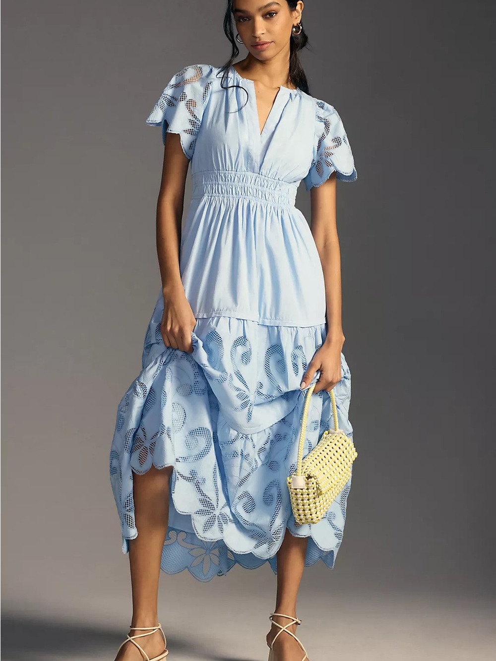 RARE Anthropologie Somerset Maxi Dress Sky Light Blue Cutwork Eyelet Dress